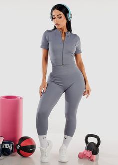 Modern Activewear, Zip Up Crop Top, Zipper Leggings, Trendy Activewear, Womens Workout Outfits, Active Wear Leggings, Pull Up, Grey Color, Fast Fashion