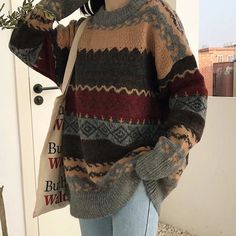 The Follow is Real Photo100% Real PhotoDetail Show Pattern Sweater Outfits, Oversized Sweater Crochet Pattern, Cottagecore Colors, Crochet Crewneck, Dark Academia Sweater, Texture Combination, Oversized Outfits, Celana Jogger Wanita, Sweater And Jeans Outfit