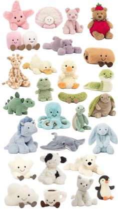 many different stuffed animals are shown together