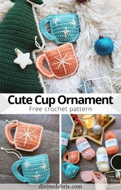 crochet coffee cup ornament free pattern and instructions to make it in the shape of a christmas tree