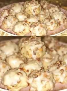 there are two pictures of food in the same pan and one is filled with meatballs