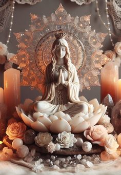 a buddha statue surrounded by candles and flowers