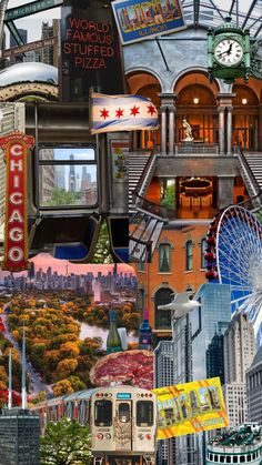 a collage of photos with buildings, ferris wheel and other things