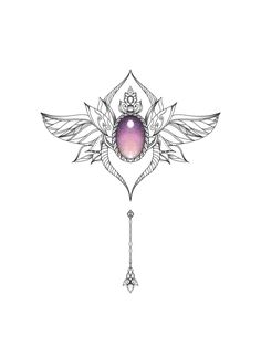 an artistic tattoo design with wings and a purple stone in the center on a white background