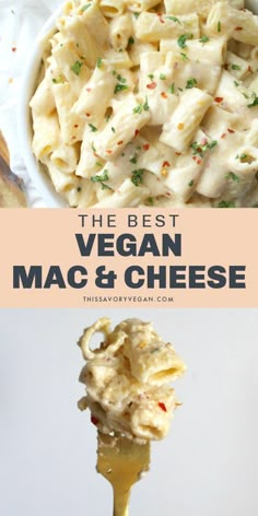 the best vegan macaroni and cheese recipe on a fork with text overlay