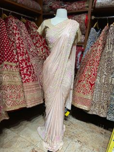 Pastel pink crepe saree with beads work and hand embroidery in multi sequence concept floral design with unstitched blouse. Fabric: Crepe Silk Ready to Ship ! Traditional Embellished Pre-draped Saree In Raw Silk, Pink Raw Silk Pre-draped Saree With Resham Embroidery, Traditional Embellished Raw Silk Pre-draped Saree, Traditional Embellished Pre-draped Raw Silk Saree, Pink Raw Silk Blouse Piece For Reception, Traditional Embellished Tissue Silk Pre-draped Saree, Unstitched Embellished Tissue Silk Blouse Piece, Embellished Silk Saree For Navratri, Navratri Embellished Silk Saree