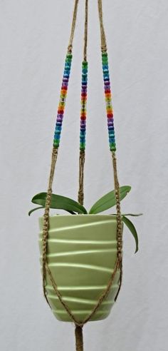 a potted plant hanging from a rope with beads