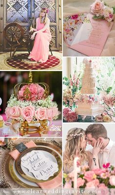 a collage of photos with pink flowers and wedding cake, bride and groom in formal attire