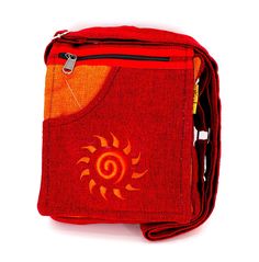 A versatile and beautiful Sun Embroidered Handmade Cotton Passport Crossbody Bag made with 100 percent natural handwoven cotton. Stitched and assembled by the most talented artisans in Nepal. The product is double stitched with the highest quality Cotton. The product consists of a sturdy zipper, secured with Velcro, and a comfortable crossbody shoulder strap, ensuring that the bag is one size fits all the product and the product can be adjusted to your needs. This cotton passport crossbody bag is a product that consists of a spacious compartment that can be of multiple different uses making it a versatile product that can be of use for many. Dimensions of the bag: Main Compartment: 8" x 7" x 1" Inches   Back Zippered Pocket: 7" x 7" Inches   Secret Pocket: 7" x 6" Inches   Front Zippered P Eco-friendly Red Cotton Bag, Red Cotton Pouch Bag, Red Rectangular Cotton Shoulder Bag, Red Cotton Rectangular Shoulder Bag, Red Canvas Shoulder Bag With Pockets, Red Rectangular Canvas Bag With Pockets, Unique Pockets, Hippie Bags, Side Bags