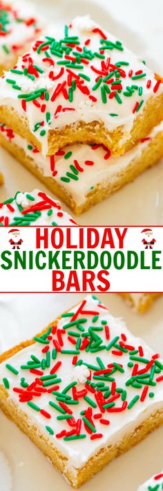 holiday snickkerdoodle bars with white frosting and sprinkles