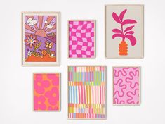 four framed art pieces on a wall with different designs and colors, including pink, orange, green, blue, yellow