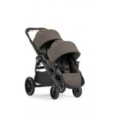 the baby stroller is grey and has two seats