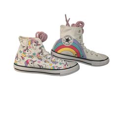 New In Box Unicorn Rainbow Converse High Top Chucks Size 3 Junior 2.5 Uk 35 Eur 21.5 Cm Color: White/ Black/ Strabwber Comes With Two Style Laces Cute Multicolor Sneakers For School, Playful White Converse Sneakers, Multicolor Converse Sneakers For School, Playful Multicolor Converse Sneakers, Glitter Tennis Shoes, Rainbow Converse, Black High Top Shoes, Boys Converse, Tie Dye Shoes