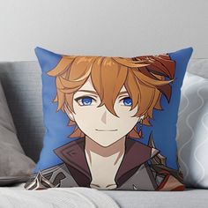 an anime character with red hair and blue eyes throw pillow