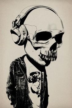 a black and white drawing of a skull wearing headphones