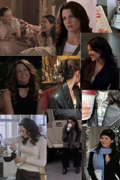 many different pictures of women in black and white outfits, with one woman talking on the phone