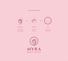 the logo for myra beauty studio is shown in red and pink, on a light pink background