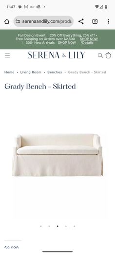 an image of a white couch with the words grady bench - skirted on it