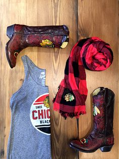 Windy City LakeShake is this weekend! Check out this #Blackhawks inspired outfit!  Sportiqe Ladies Tank ($40), Game Day Boots ($275) and Zoozatz Plaid Scarf ($35) Chicago Pride, Michigan Avenue, National Hockey League, Windy City, Chicago Blackhawks, Die Hard, Hawks, Cubbies, Cowgirl Boots