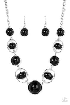 Encased in sleek silver frames, a bubbly collection of oversized black beads alternate with oval black beaded hoops below the collar for a bodacious pop of color. Features an adjustable clasp closure. Sold as one individual necklace. Includes one pair of matching earrings. Accessories Website, Black Bead Necklace, Silver Frames, Paparazzi Accessories, Black Necklace, Beaded Hoops, Affordable Jewelry, Trendy Accessories, Fashion Jewelry Necklaces