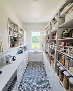 an organized pantry with lots of shelves and drawers