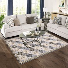 a living room with two couches and a coffee table in front of a window