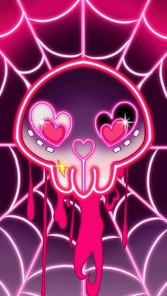 a pink and purple background with hearts hanging from it's center, in the shape of a spider web