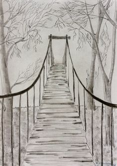 a drawing of a bridge in the woods