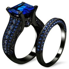 Metal Black Plated Stainless Steel with Princes Sapphire Color CZ Ring Set By MariaKinz MariaKinz Ring Man, Princess Cut Gold, White Diamond Ring, Trendy Ring, Sapphire Color, Anniversary Jewelry, Rhinestone Ring, Bridal Bands, Rings Set