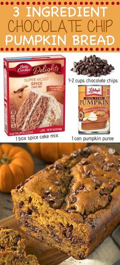 chocolate chip pumpkin bread recipe with text overlay