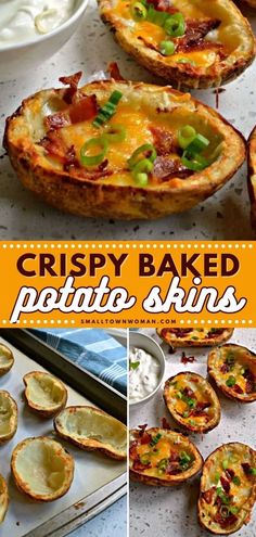 crispy baked potato skins with bacon, cheese and green onions in the crusts