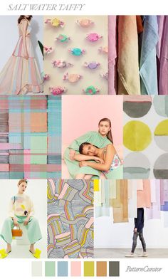 a collage of different colors and patterns with people in the background, including clothing