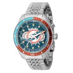 a watch with miami dolphins logo on the dial and blue, red and white bezel