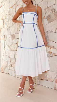 Discover elegance in simplicity with our Chic Blue Contrast Midi Dress. A straight neckline and adjustable straps ensure a flawless fit for any occasion. Light Blue And White Outfit, Greece Clothes, 2024 Wardrobe, Cutest Outfits, Greece Trip, Church Clothes, Honeymoon Outfits, Image Bank, Light Dress