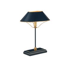 a black and gold table lamp with a blue shade on the base, sitting on a white background