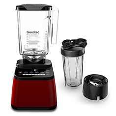 three blenders are sitting next to each other on a white surface, one is red and the other is black