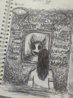 a drawing of a person standing in front of a mirror with writing all over it