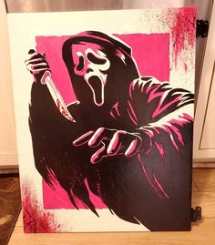 Pop Art Ghostface, Scary Movie Characters Painting, Scream Pop Art, Halloween Character Paintings, Horror Movie Acrylic Painting, 10x10 Painting Ideas, Scream Painting Horror, Horror Movie Painting Ideas, Scary Canvas Painting Ideas