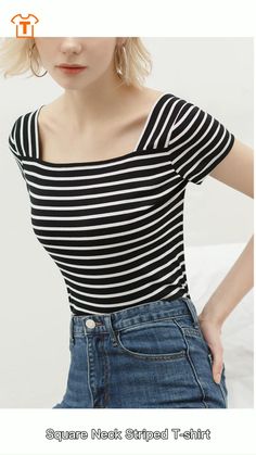 https://graphictee.co/product/square-neck-striped-tee/?idea-p-jc-039 Striped Stretch Short Sleeve T-shirt, Stretch Striped Short Sleeve T-shirt, Striped Stretch T-shirt With Short Sleeves, Casual Black Fitted Top, Basic Striped Short Sleeve Tops, Black Stretch Cotton Tops, Basic Striped Summer Top, Black Fitted Cotton T-shirt, Black Fitted Summer Top