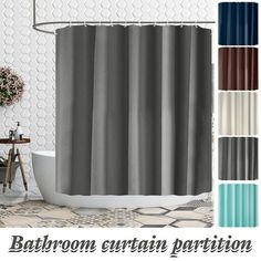 bathroom curtain partitions with different colors and patterns in various sizes, including the shower curtain