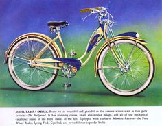 an advertisement for the model b bicycle, featuring a blue and yellow bike with gold rims