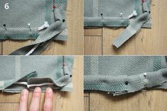 four pictures showing how to sew a jacket with the zippers closed and stitching together