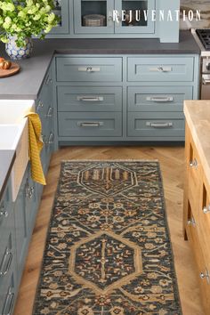 a rug in the middle of a kitchen with blue cabinets and drawers on either side