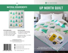 the back cover of a quilt book with an image of a bed and trees on it