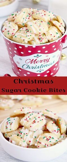 christmas sugar cookie bites in a red and white bowl