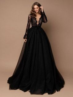 Black Wedding Dress With Train A-Line V-Neck Long Sleeves Lace Sweep Tulle Lace Bridal Gowns Long Party Gowns, Wedding Dress With Train, Black Wedding Gowns, Black Wedding Dress, Cheap Prom Dresses Long, Dress With Train, Classy Wedding Dress, Dark Wedding, Tulle Evening Dress