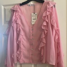 Brand New Sheer Zara Summer Party Shirt, Zara Long Sleeve Blouse For Day Out, Zara Feminine Long Sleeve Tops, Zara Ruffled Shirt For Spring, Feminine Long Sleeve Tops By Zara, Feminine Long Sleeve Zara Tops, Chic Pink Zara Blouse, Zara Pink Party Blouse, Zara Pink Blouse For Party