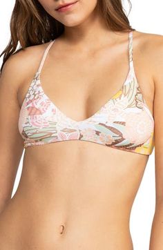 A tropical print brings vacation-ready vibes to this bikini top finished with crisscrossed adjustable straps for a perfect fit. Adjustable straps Lined, with removable soft cups 87% recycled nylon, 13% elastane Hand wash, line dry Imported Vacation Swimwear With Crisscross Straps And Triangle Top, Beach Triangle Halter Top With Crisscross Straps, Beach Halter Top With Crisscross Triangle Straps, Beach Halter Top With Crisscross Straps, Tropical Triangle Halter Top For Vacation, Vacation Triangle Halter Top With Crisscross Straps, Vacation Halter Top With Crisscross Straps, Tropical Halter Top For Vacation, Tropical Halter Top With Adjustable Straps For Vacation