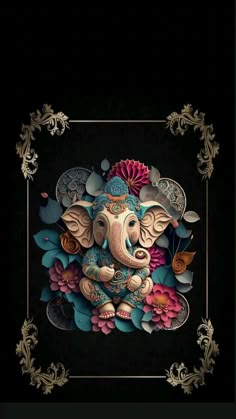 an elephant is sitting in the middle of a frame with flowers and leaves on it