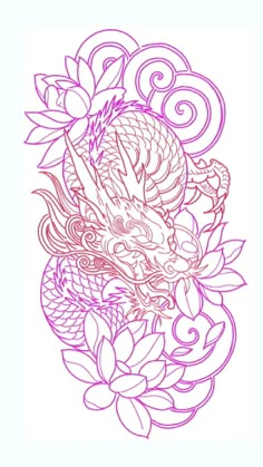 a drawing of a dragon with flowers on it's head and leaves around it